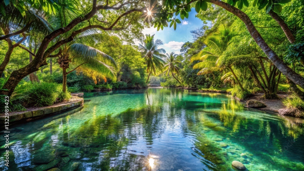 Serene Tropical Oasis Sunlit Lagoon Reflecting Lush Palm Trees and Vibrant Green Foliage Serene Tropical Oasis Sunlit Lagoon Reflecting Lush Palm Trees and Vibrant Green Foliage