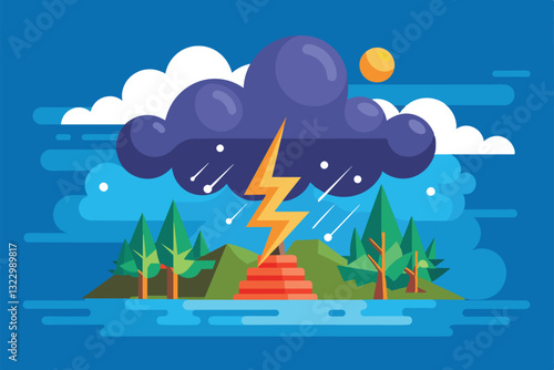 A storm cloud looms over a serene landscape, with lightning flashing amidst rain and sun, Storm Customizable Flat Illustration