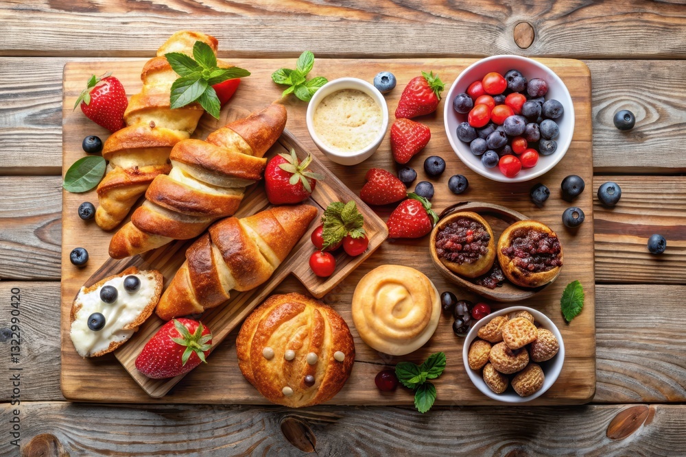 A delightful assortment of pastries, berries, and creamy toppings arranged on a rustic wooden board A delightful assortment of pastries, berries, and creamy toppings arranged on a rustic wooden board