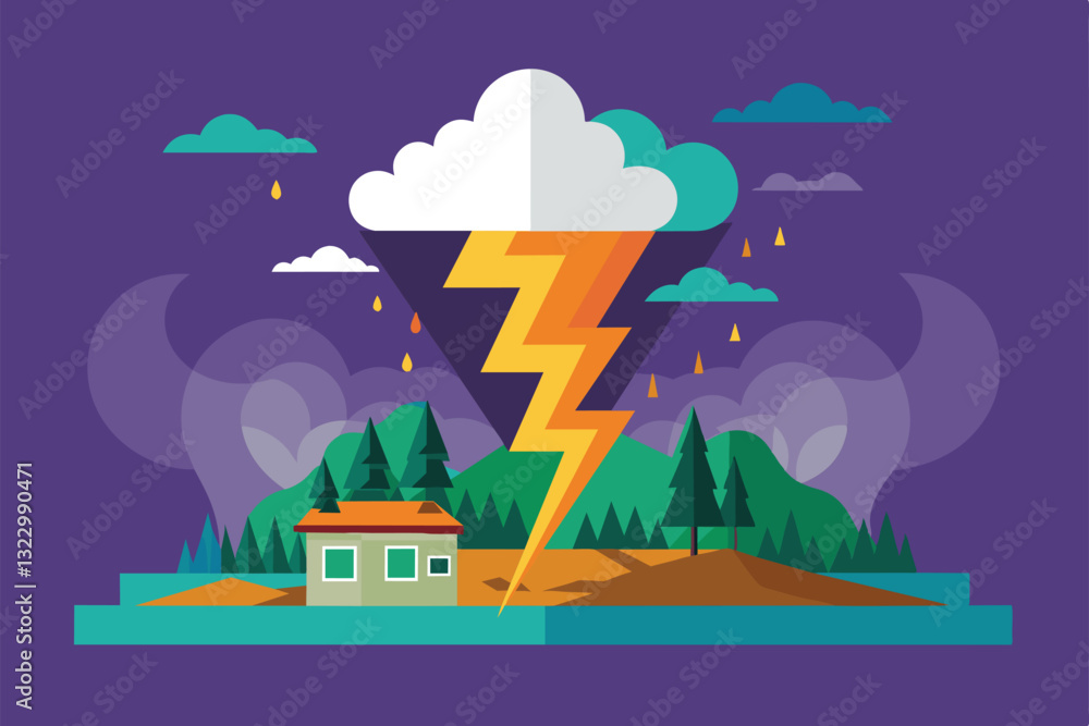 Naklejka premium A thunderstorm with dark clouds and a lightning bolt above a house surrounded by trees and hills, Storm Customizable Semi Flat Illustration