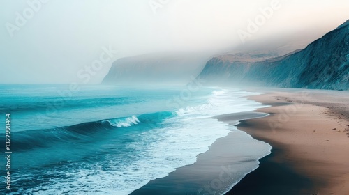 Abstract landscape background idea. Serene ocean waves gently caressing the sandy beach under a hazy sky.