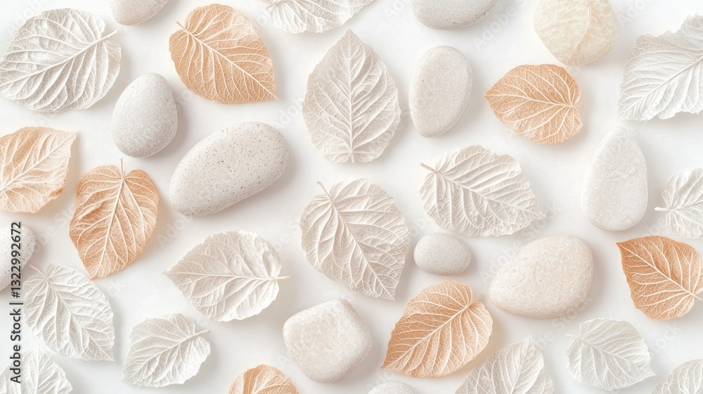 Beige leaves and pebbles are scattered across a white background surface Beige leaves and pebbles are scattered across a white background surface