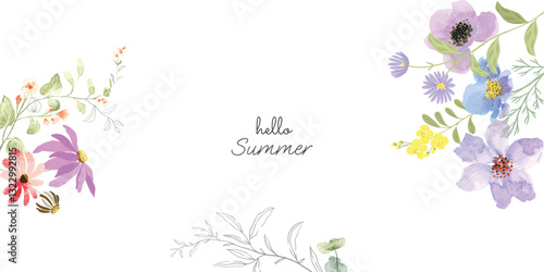 Abstract spring floral art background vector illustration. Watercolor hand painted botanical flower, leaves, eucalyptus, wildflower. Design for wallpaper, banner, card, print, wedding.