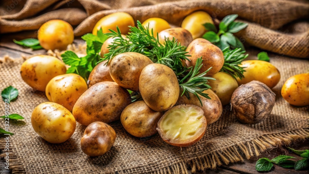 Fresh Potatoes with Herbs on Rustic Burlap Background Fresh Potatoes with Herbs on Rustic Burlap Background