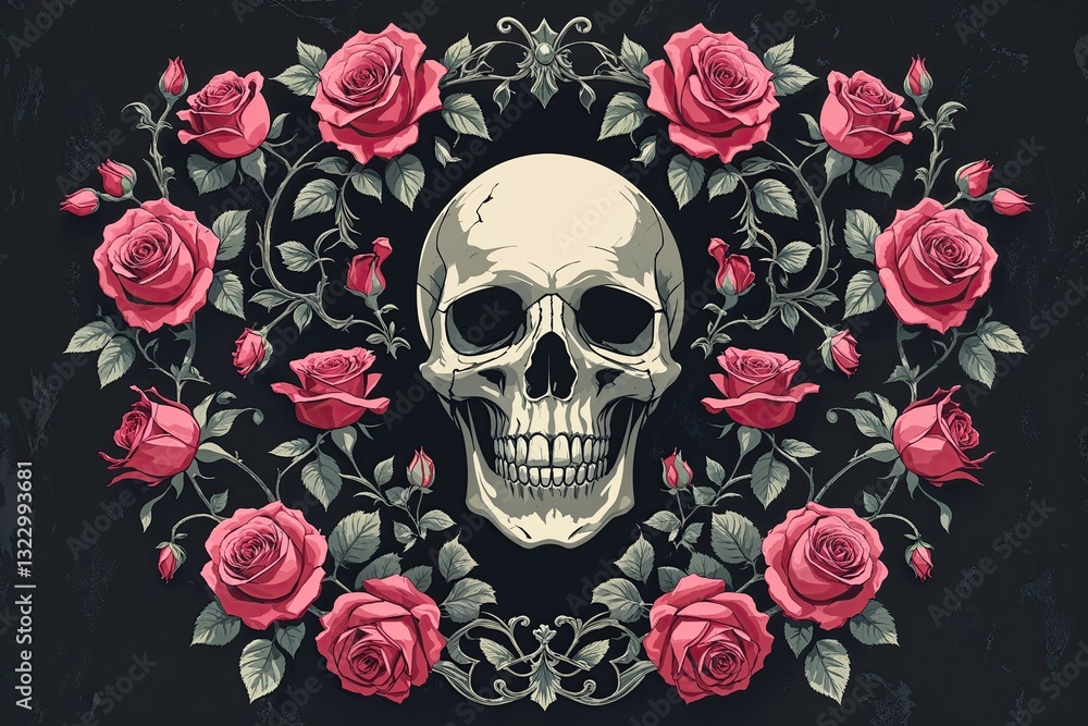 Gothic Skull Rose Design on Dark Canvas Romantic Macabre Artwork Gothic Skull Rose Design on Dark Canvas Romantic Macabre Artwork