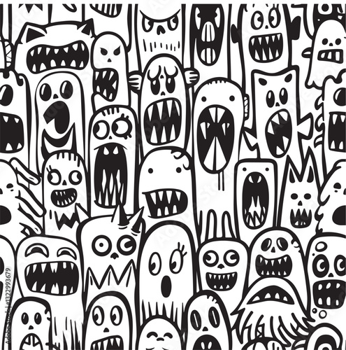 kawaii monster seamless pattern  black and white vector illustration 