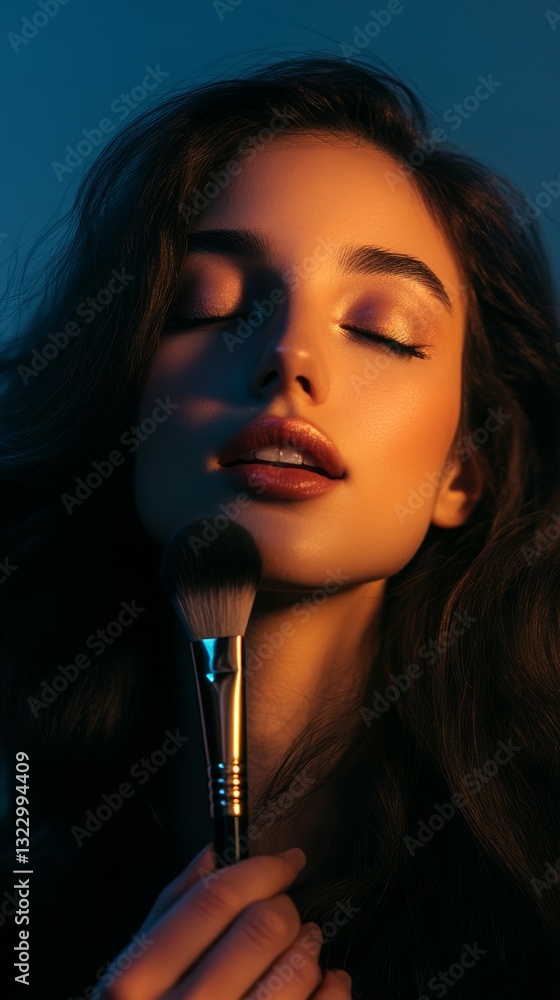 Obraz premium A woman is holding a makeup brush and looking at the camera