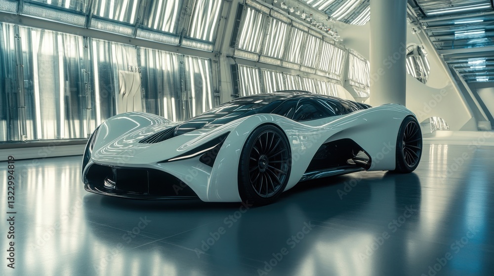 Obraz premium A sleek, futuristic sports car displayed in a modern, well-lit environment, featuring a dynamic design and high-performance aesthetics.