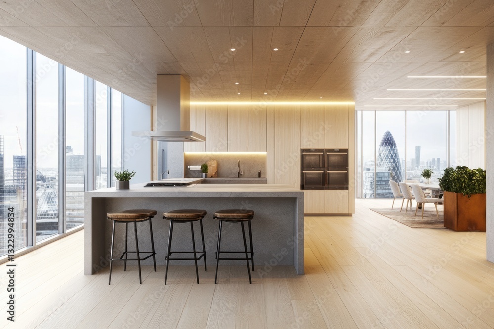 Fototapeta premium Modern kitchen with city view, island, and hardwood floors.