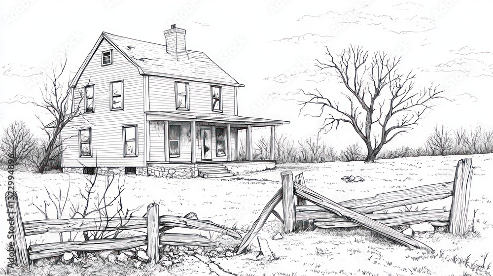 Fototapeta premium Simple drawing of an old farmhouse in a rural landscape. Possible use Greeting card