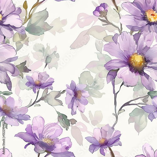 Delicate purple daisy flowers with soft green background in elegant, artistic design for nature and floral enthusiasts. Seamless spring backdrop concept.