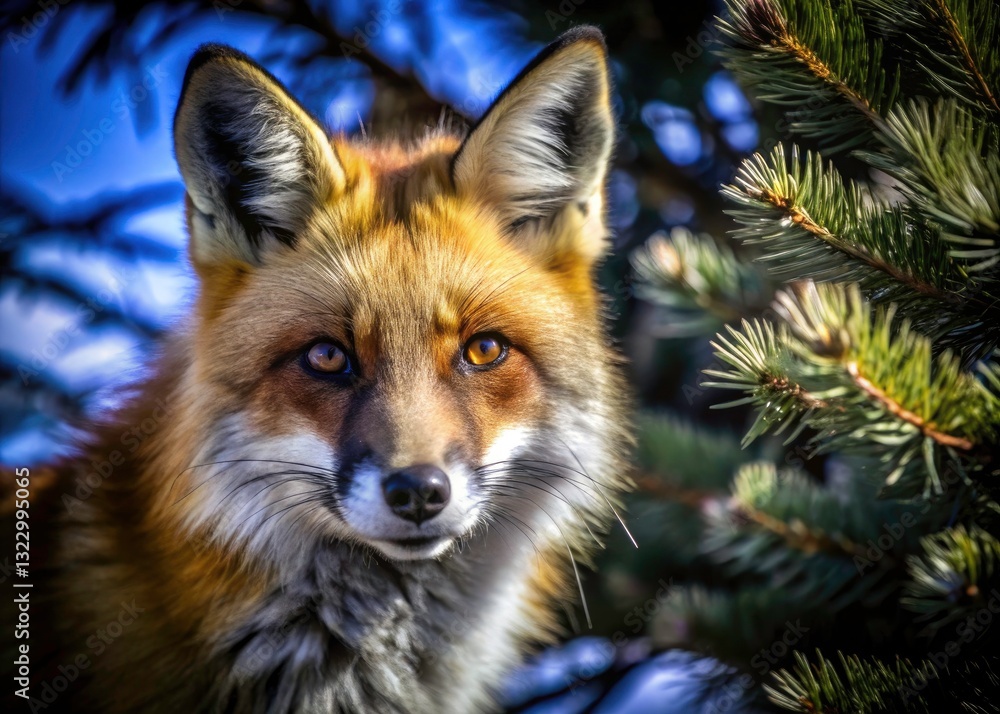 Fototapeta premium Red Fox Portrait, Closeup Wildlife Photography, Pine Forest Bokeh, Animal Eyes, Nature Image