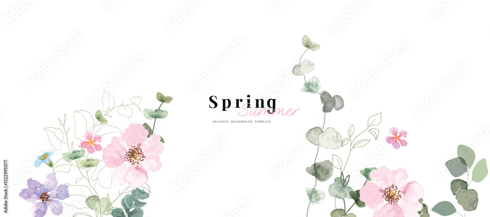 Fototapeta premium Abstract spring floral art background vector illustration. Watercolor hand painted botanical flower, leaves, eucalyptus, wildflower. Design for wallpaper, banner, card, print, wedding.