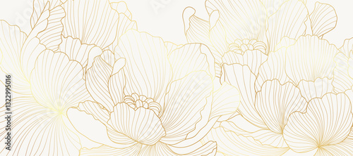Luxury golden peony flower line art background vector. Natural botanical elegant flower with gold line art. Design illustration for decoration, wall decor, wallpaper, cover, banner, poster, card. 