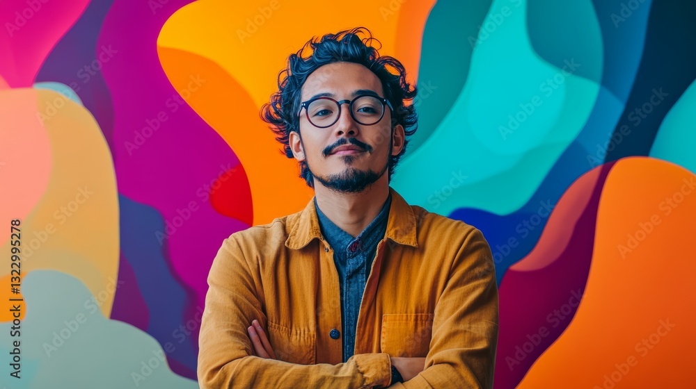 Fototapeta premium A man with glasses and a beard stands in front of a colorful background