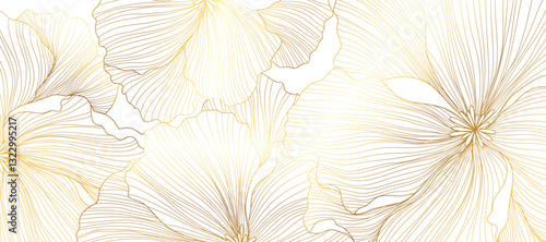 Luxury golden poppy flower line art background vector. Natural botanical elegant flower with gold line art. Design illustration for decoration, wall decor, wallpaper, cover, banner, poster, card. 