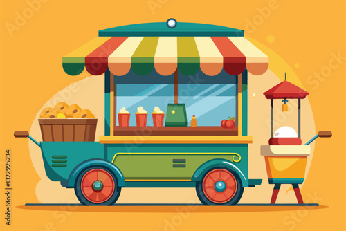 A lively street food cart offers various customizable snacks, drawing attention with its cheerful design, Street food Customizable Cartoon Illustration