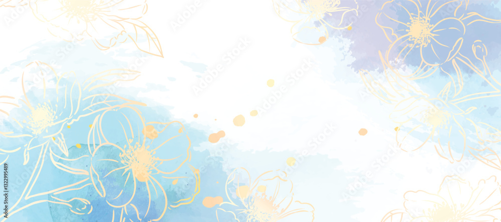 Obraz premium Abstract spring floral art background vector illustration. Watercolor botanical flower and gold brush line art texture. Luxury design for wallpaper, poster, banner, card, print, wedding.