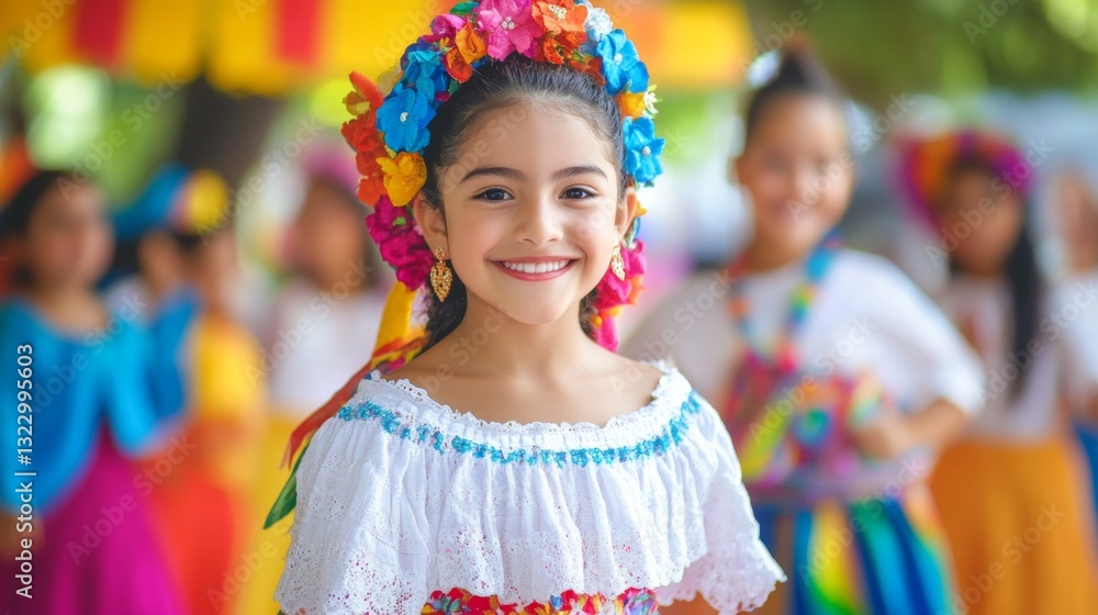 Fototapeta premium A young girl wearing a colorful flower headdress is smiling for the camera