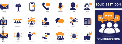communication icon set featuring chat, messaging, email, phone, call, discussion, networking, speech, dialogue, and interaction symbols.