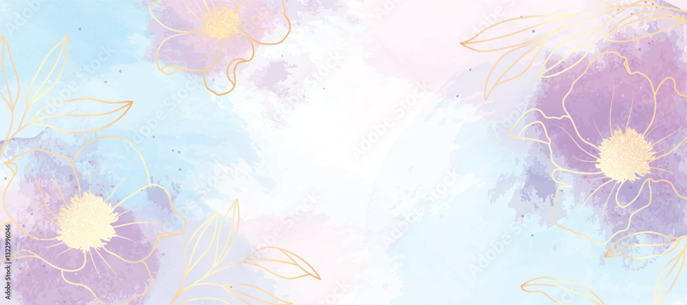 Fototapeta premium Abstract spring floral art background vector illustration. Watercolor botanical flower and gold brush line art texture. Luxury design for wallpaper, poster, banner, card, print, wedding. 