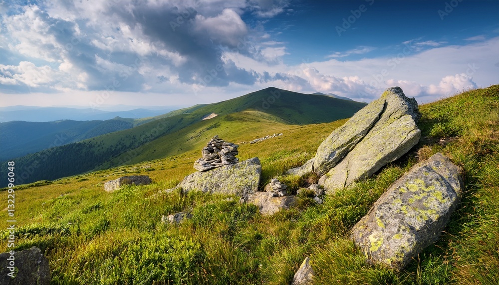 Fototapeta premium stones and rocks on the slope of alpine meadow vacation season summer mountain landscape with cloudy sky grassy hill top in the distant background smooth alps of transcarpathia