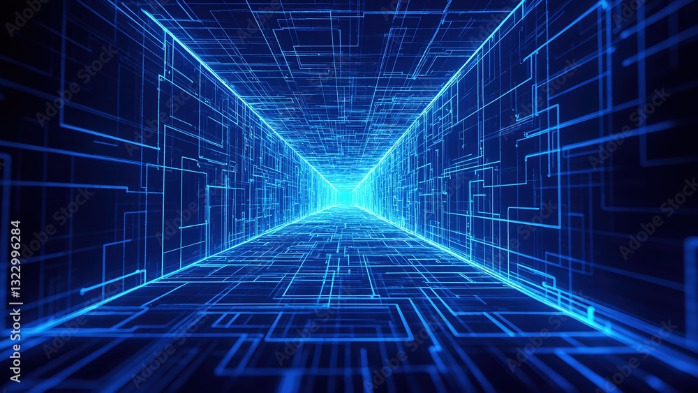 Futuristic digital grid tunnel with glowing blue lines creating an endless perspective of technology Futuristic digital grid tunnel with glowing blue lines creating an endless perspective of technology