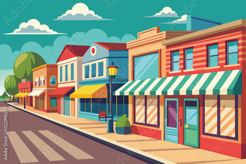 Brightly colored shops line the street with inviting storefronts under a sunny sky and green trees, Street of shop buildings background