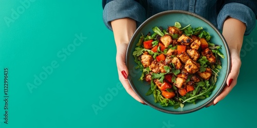A person is holding a bowl of food with a green background