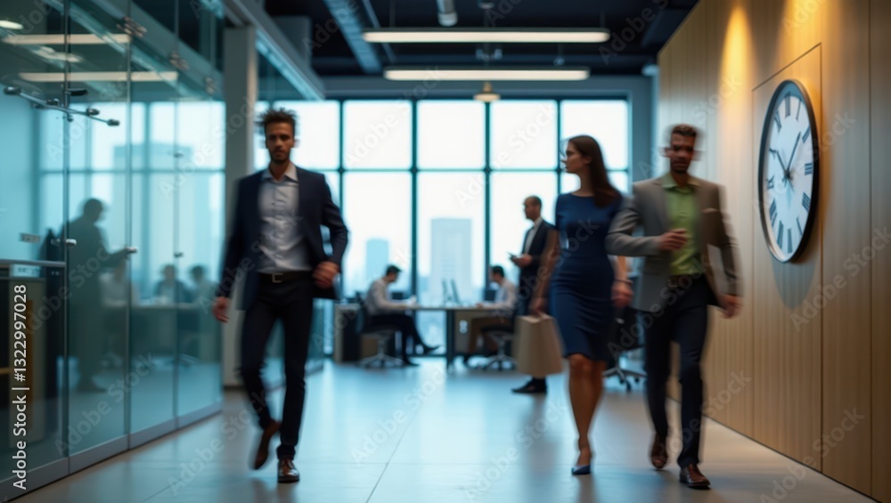 Fototapeta premium A modern office environment with employees walking in a blurred motion effect. The office features stylish glass partitions, wooden panels, and a large clock on the wall. The movement captures the ene