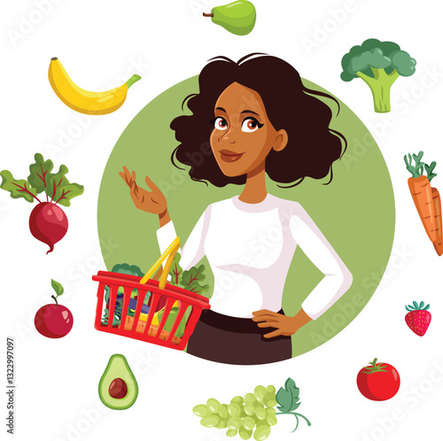 Happy Woman with Shopping Basket Buying Groceries Vector Illustration. Lady clean-eating maintaining a vegetarian diet with fruits and vegetables 
