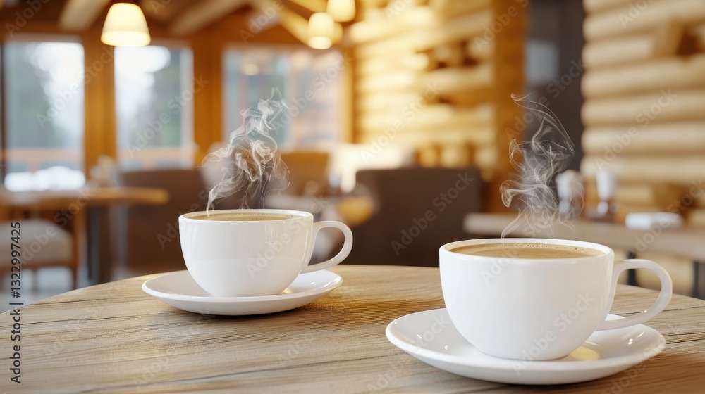 Two steaming coffee cups on a wooden table, set in a cozy, rustic cafe with warm lighting and a welcoming ambiance. Two steaming coffee cups on a wooden table, set in a cozy, rustic cafe with warm lighting and a welcoming ambiance.