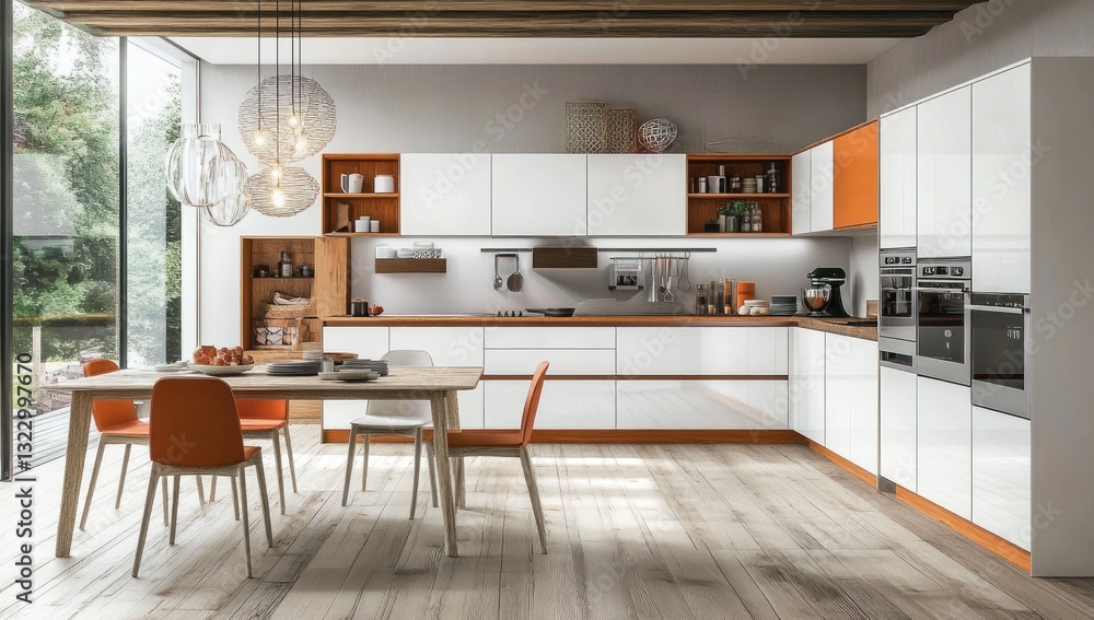 Fototapeta premium Modern kitchen with orange accents, wood floors, and dining area.
