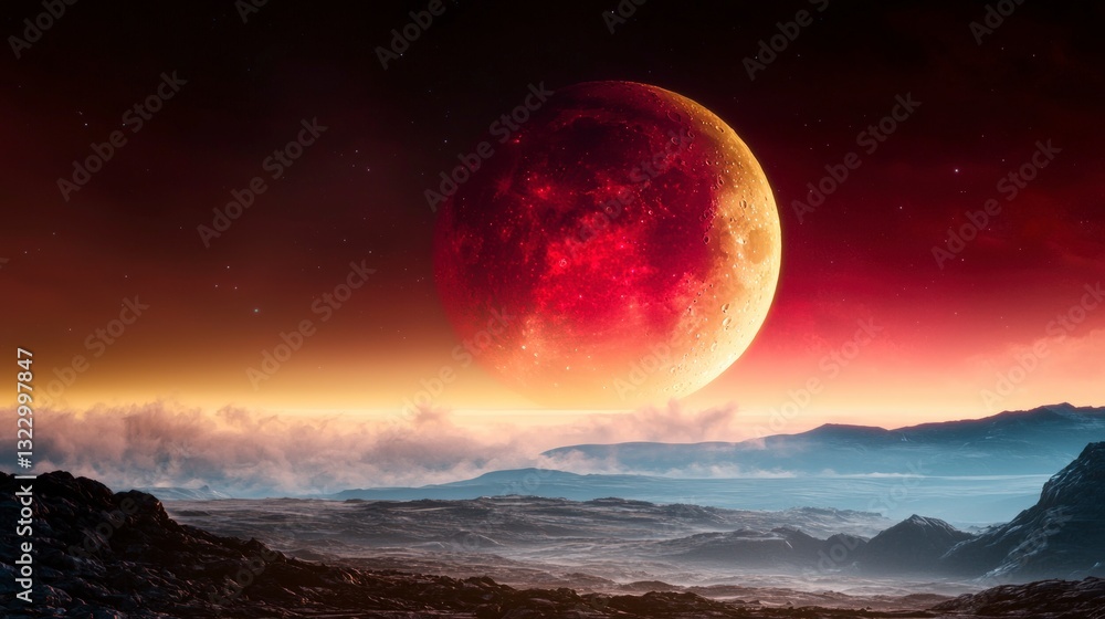 Surreal Alien Landscape Red Giant Moon Over Misty Mountains Surreal Alien Landscape Red Giant Moon Over Misty Mountains