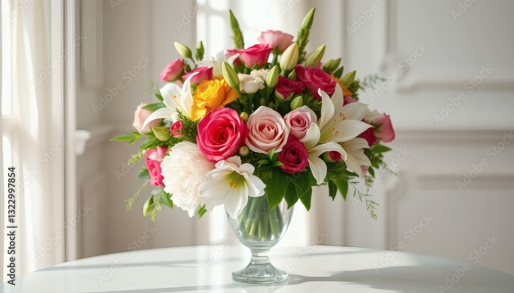 Obraz premium Elegant Flower Arrangement on a Table Roses, Lilies, and Greenery