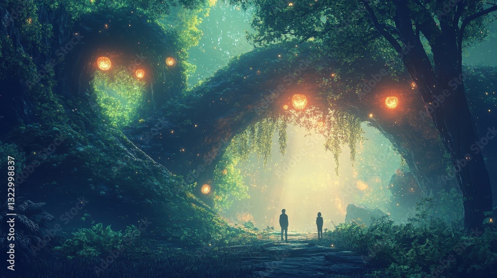 Two Figures Stand Before a Magical Forest Archway Two Figures Stand Before a Magical Forest Archway