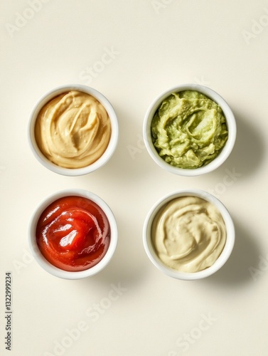 Assorted Sauces Collection in White Bowls for Culinary Concept