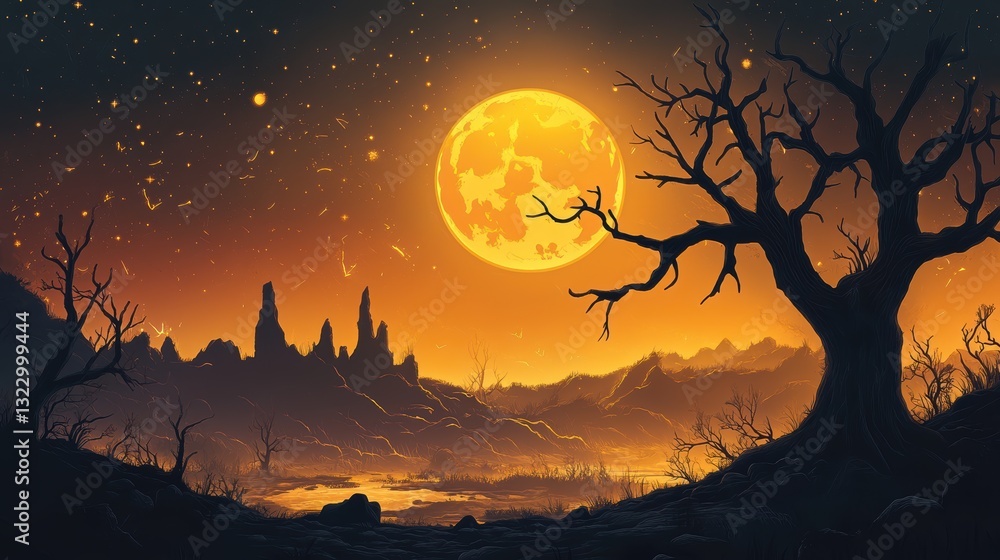 Orange Moon Landscape With Bare Trees And Rocks Orange Moon Landscape With Bare Trees And Rocks