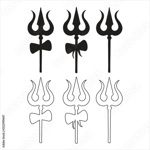Shiva God Trishul Trident silhouette Vector icon Set