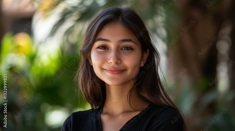 Young woman smiling in natural setting with vibrant greenery around Young woman smiling in natural setting with vibrant greenery around