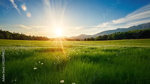 Serene sunrise over a lush green field adorned with daisies and distant mountains