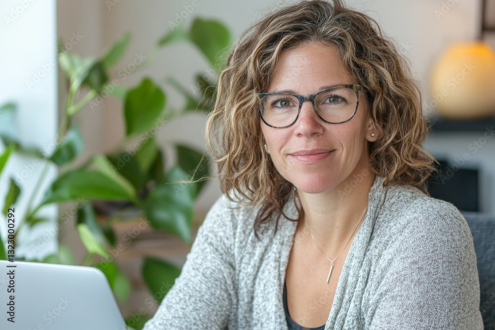 A woman wearing glasses and a gray sweater sits at a desk with a laptop A woman wearing glasses and a gray sweater sits at a desk with a laptop