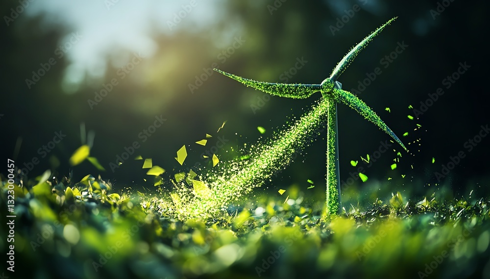 Fototapeta premium 3D rendering of a windmill with green arrows indicating energy flow, renewable energy concept, vibrant green energy streams, futuristic ecofriendly design