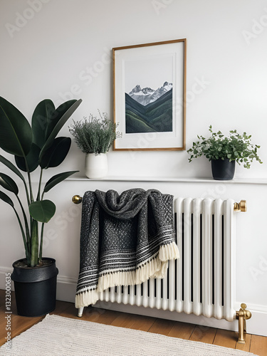 A cozy home wrapped in a scarf sits atop a radiator, perfect for a warm and toasty display photo