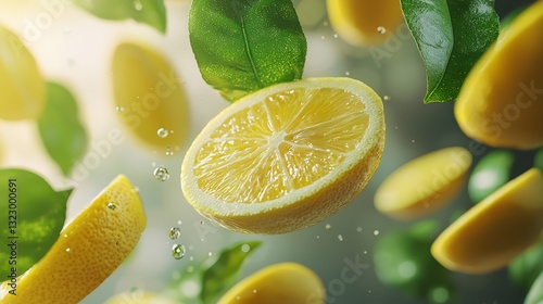 Vibrant Lemon Slices with Fresh Leaves Floating in Air and Water Droplets