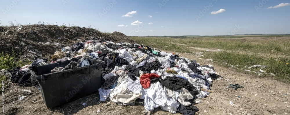 Pile of Discarded Clothes at a Landfill Under Bright Sky in Rural Area with Green Grass and Open Landscape Pile of Discarded Clothes at a Landfill Under Bright Sky in Rural Area with Green Grass and Open Landscape