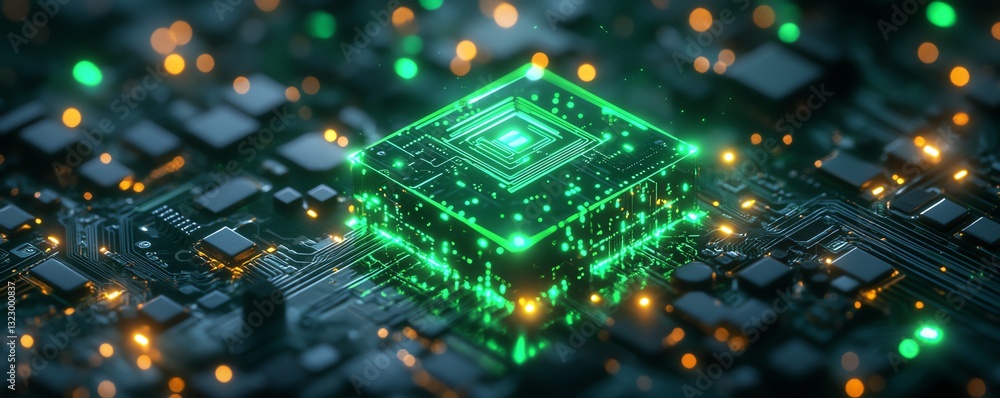 Obraz premium AI microchip glowing with neon green circuits on a dark background, 3D rendering, digital concept of machine learning, artificial intelligence, futuristic design