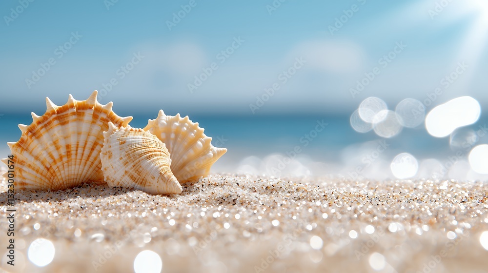 Seashells on Beach Sand with Sparkling Bokeh and Ocean View Seashells on Beach Sand with Sparkling Bokeh and Ocean View