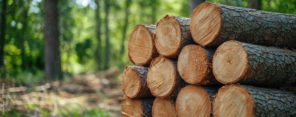 Stacked Logs in a Lush Forest Setting with Soft Natural Light Streaming Through Green Leaves Stacked Logs in a Lush Forest Setting with Soft Natural Light Streaming Through Green Leaves