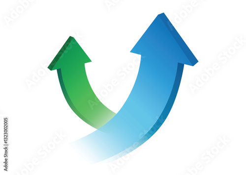 2 curved 3D arrows pointing up going to the opposite direction represent profit, progress and Success in a Different Way